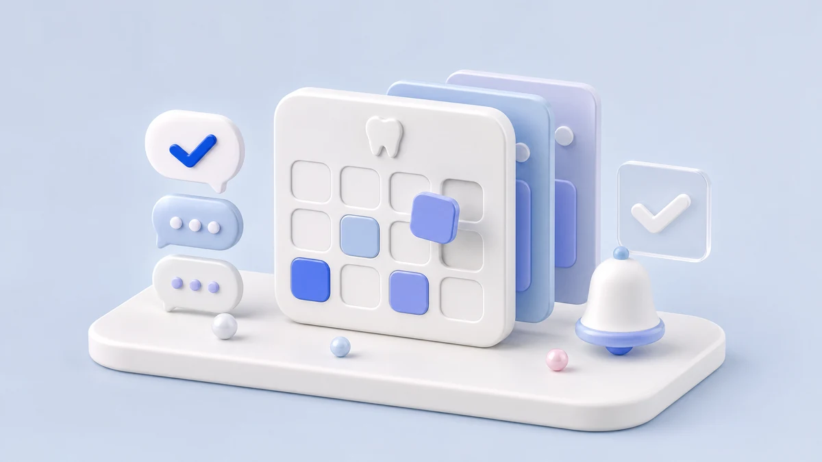 Cena 3D com balões de conversa, um calendário recebendo um horário e um sino de lembrete